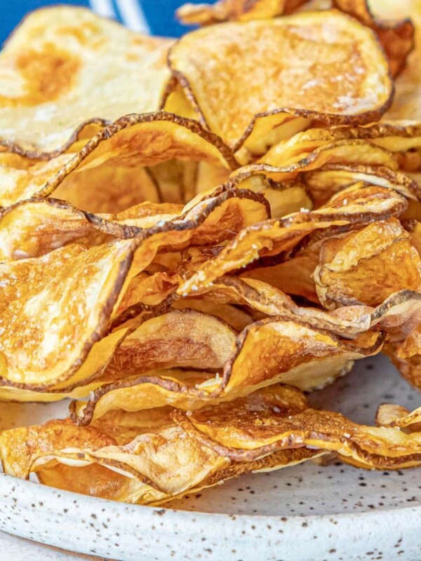 picture of air fried potato chips piled on a plate and seasoned with garlic salt