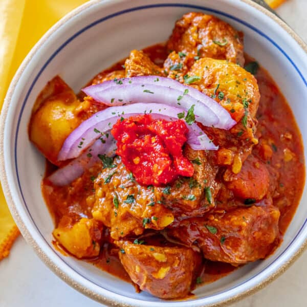 A bowl of keto goulash with beef and onions.