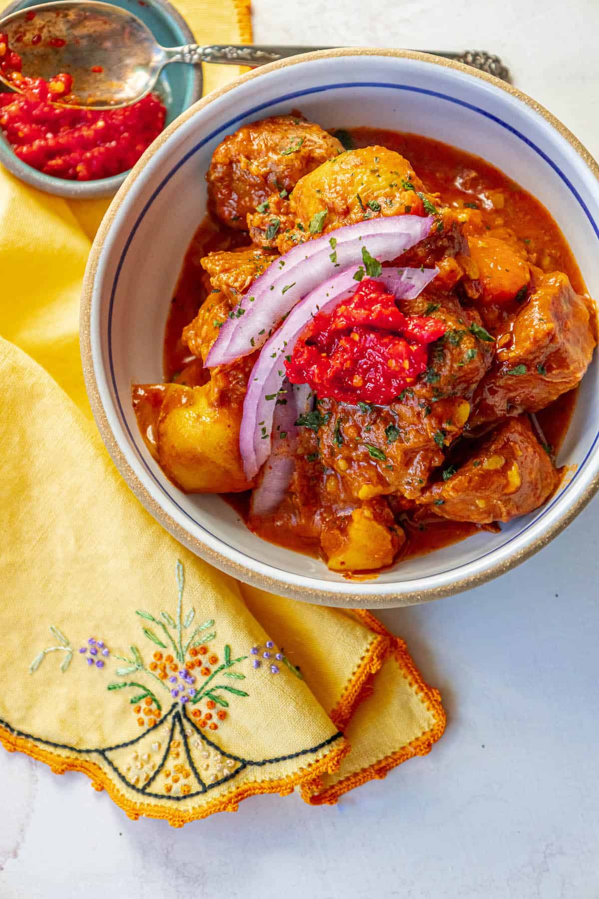 The Best Authentic Hungarian Goulash Beef Stew with onions and potatoes.