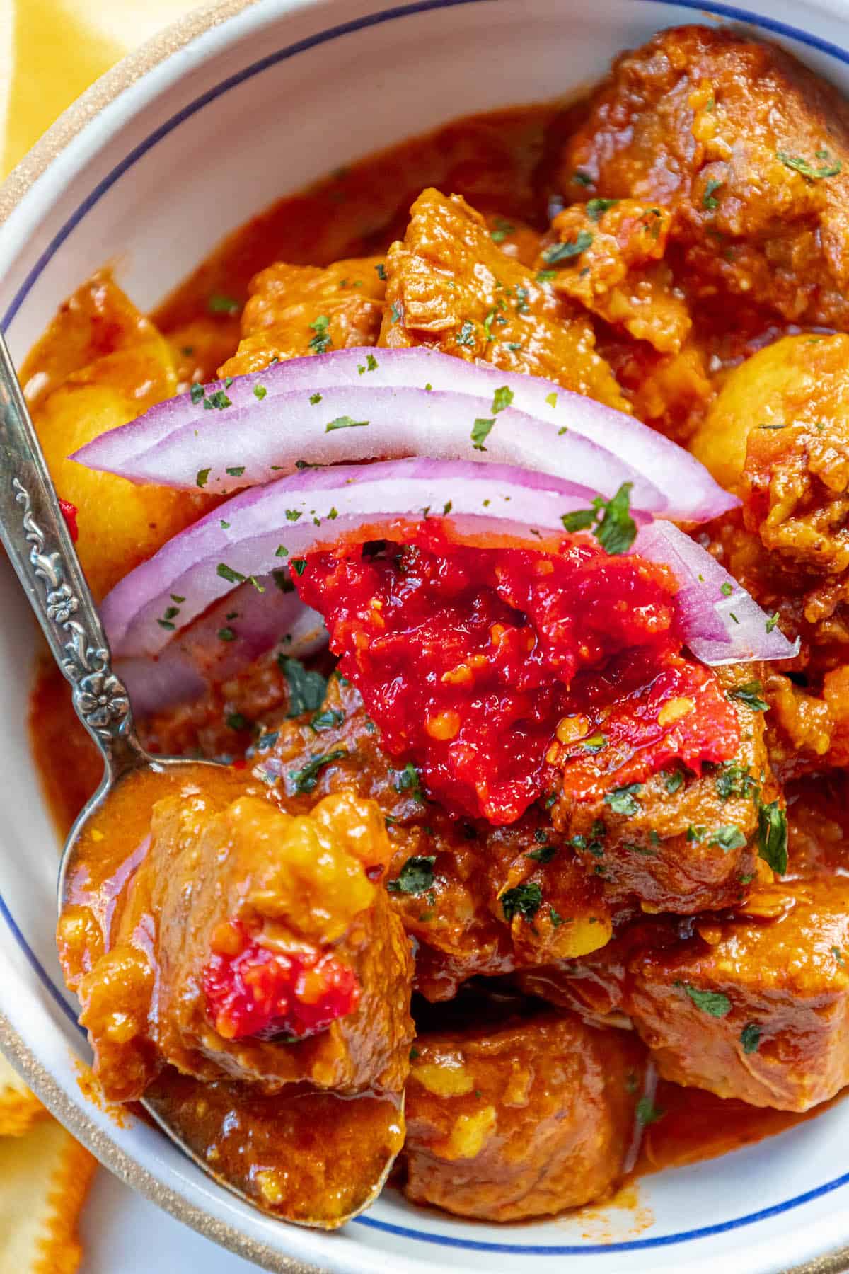 An easy one-pot Authentic Hungarian Goulash beef stew with meat and onions, perfect for The Best Goulash recipe.