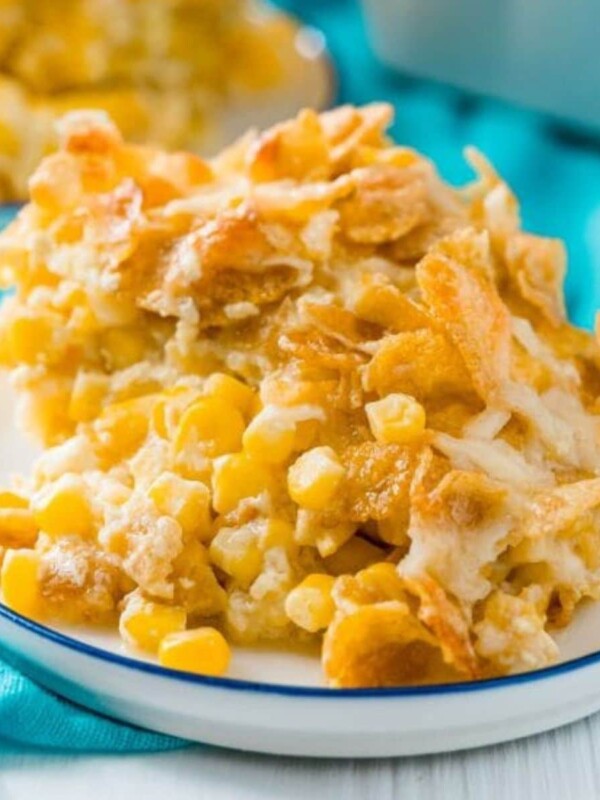 baked scalloped corn with crispy cornflakes on a plate on a table