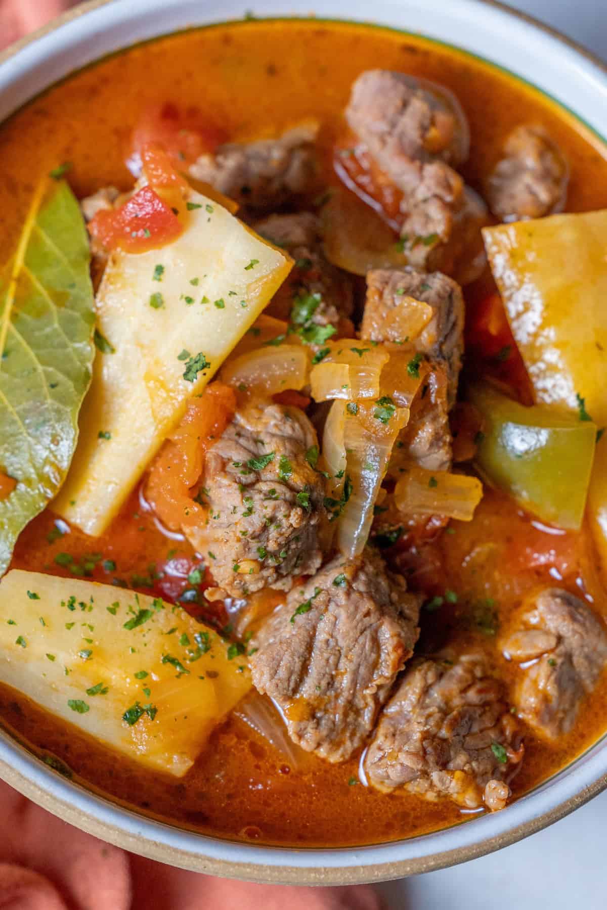 A bowl of beef stew featuring succulent chunks of beef, sliced onions, vibrant bell peppers, bay leaves, and a rich tomato-based broth, beautifully garnished with fresh herbs for a burst of flavor.