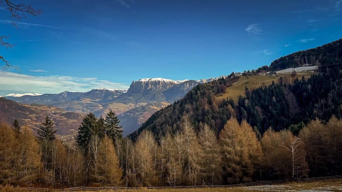 Mountain landscape with snow-capped peaks in the distance, dense forests, and rolling hills under a clear blue sky, reminiscent of Bolzano's serene backdrop during the festive Christmas Market season.