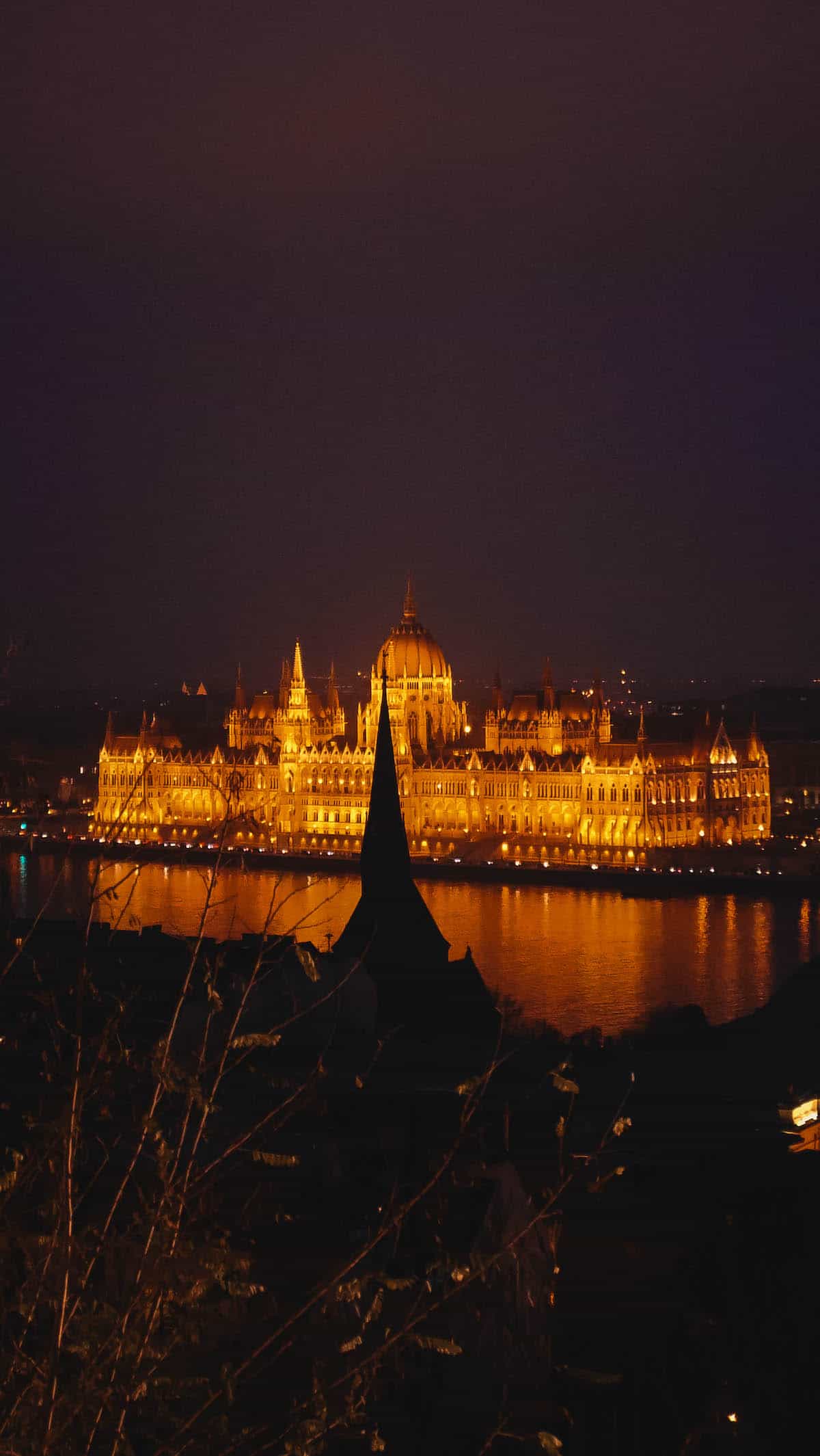 The Hungarian parliament building, illuminated at night with a captivating display.