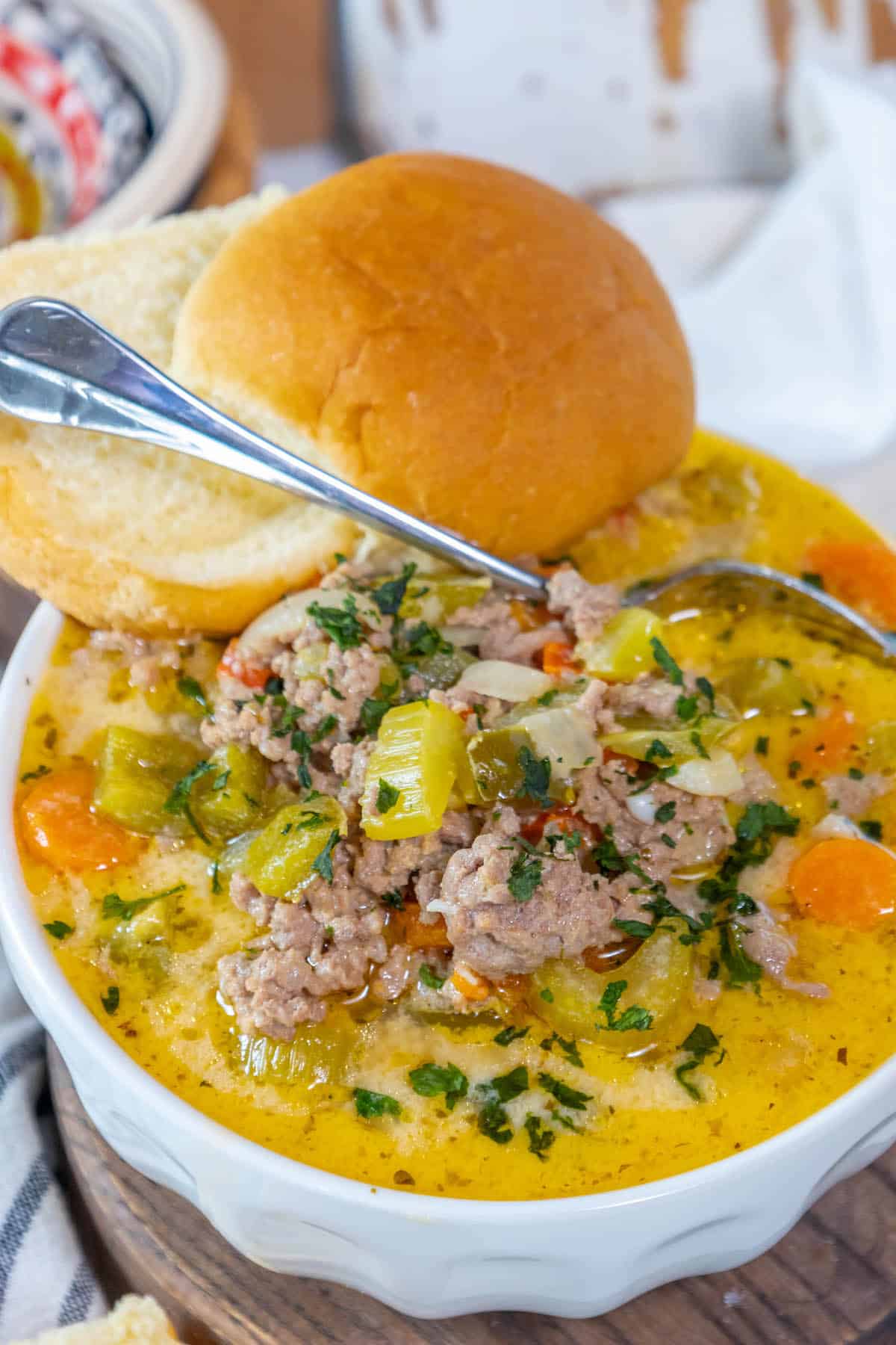 Keto Cheeseburger Soup with meat and vegetables.