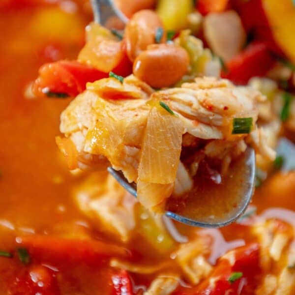 A spoonful of chicken soup with peppers.