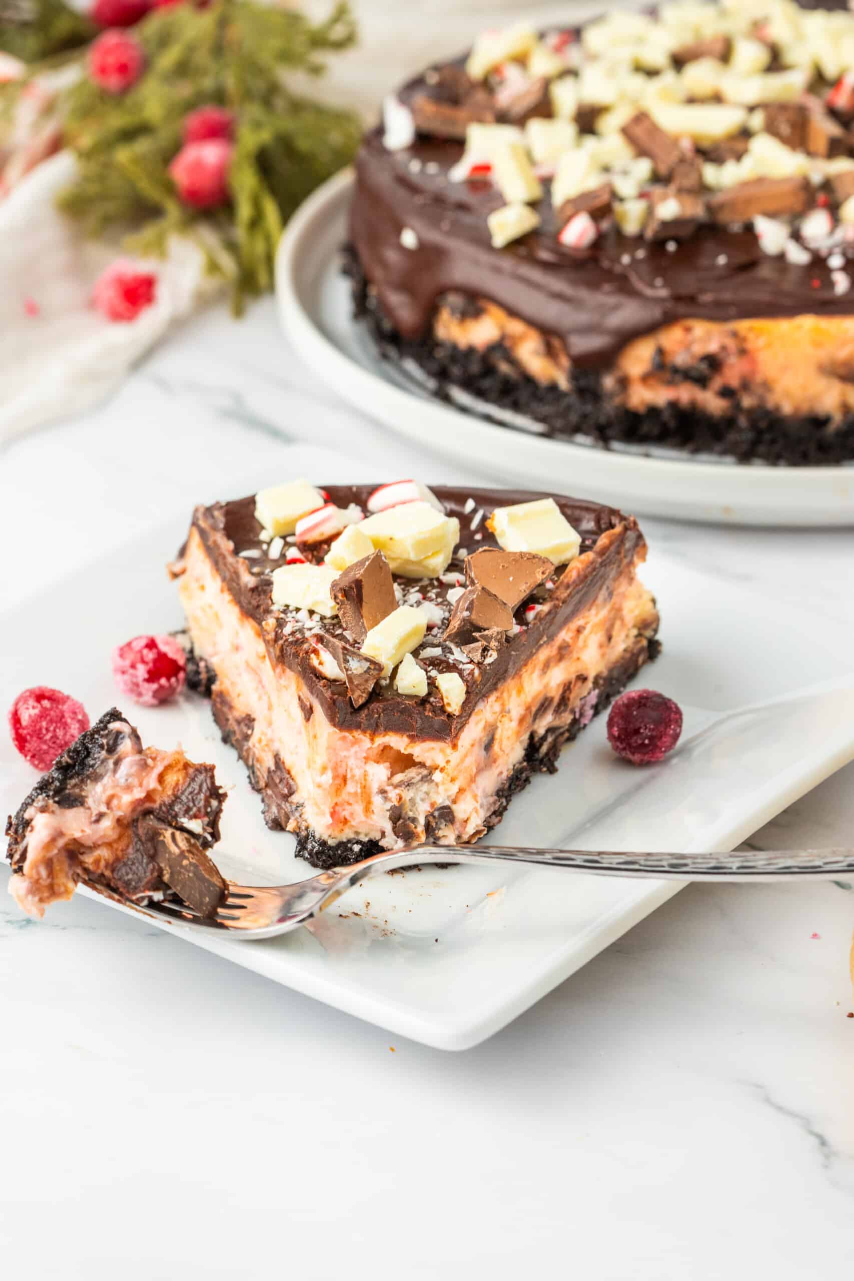 A slice of chocolate cranberry cheesecake on a plate.