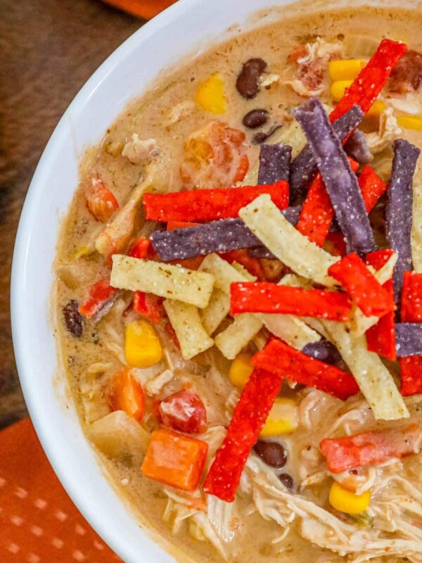 creamy chicken soup with beans, corn, rotel, and tortilla strips in a white bowl