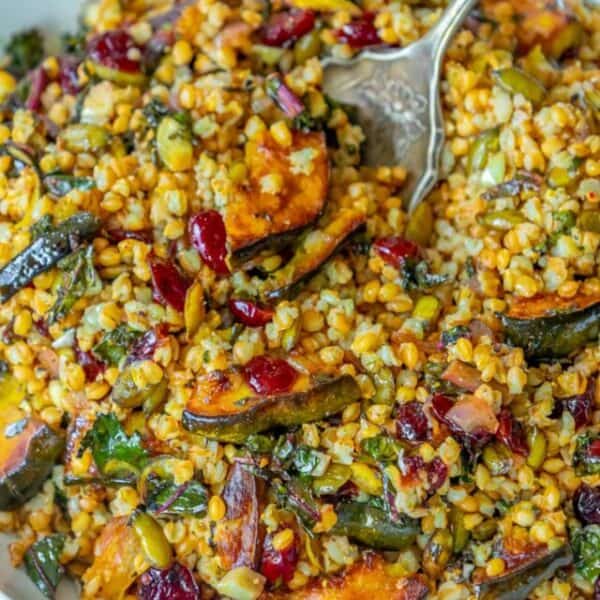 A bowl of wheat salad with shrimp, sliced eggplant, and cranberries, garnished with herbs, served with a spoon.