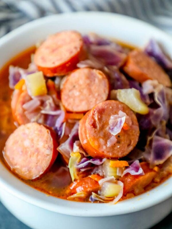 Easy keto cabbage and sausage soup recipe.