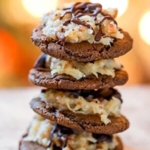 Chocolate cookie topped with coconut and chocolate German topping