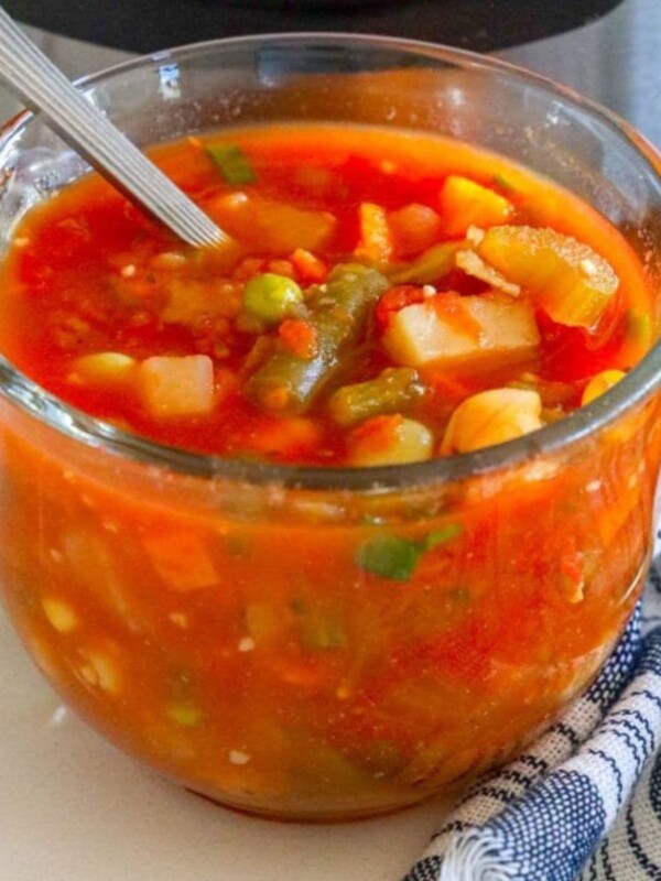 soup with frozen vegetables in front of an instant pot