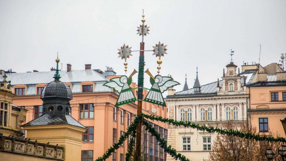 A Christmas tree at Krakow Christmas Market in Prague, Czech Republic.