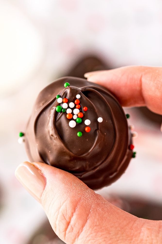 a hand holding a chocolate buttercream candy with green, white, and red sprinkles