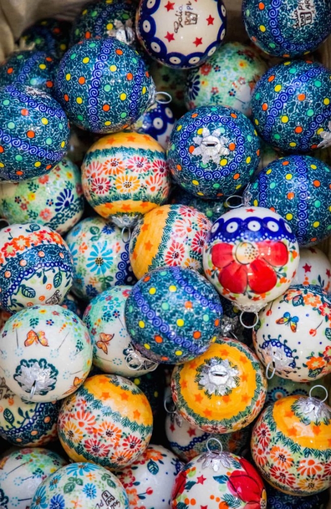 Colorful ceramic ornaments at Krakow Christmas Market.