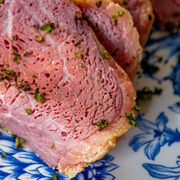 A piece of ham is resting on a blue and white plate.