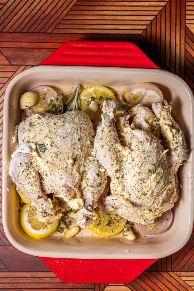 butter and herb covered raw cornish game hens on top of lemon, shallot, and herbs in baking dish