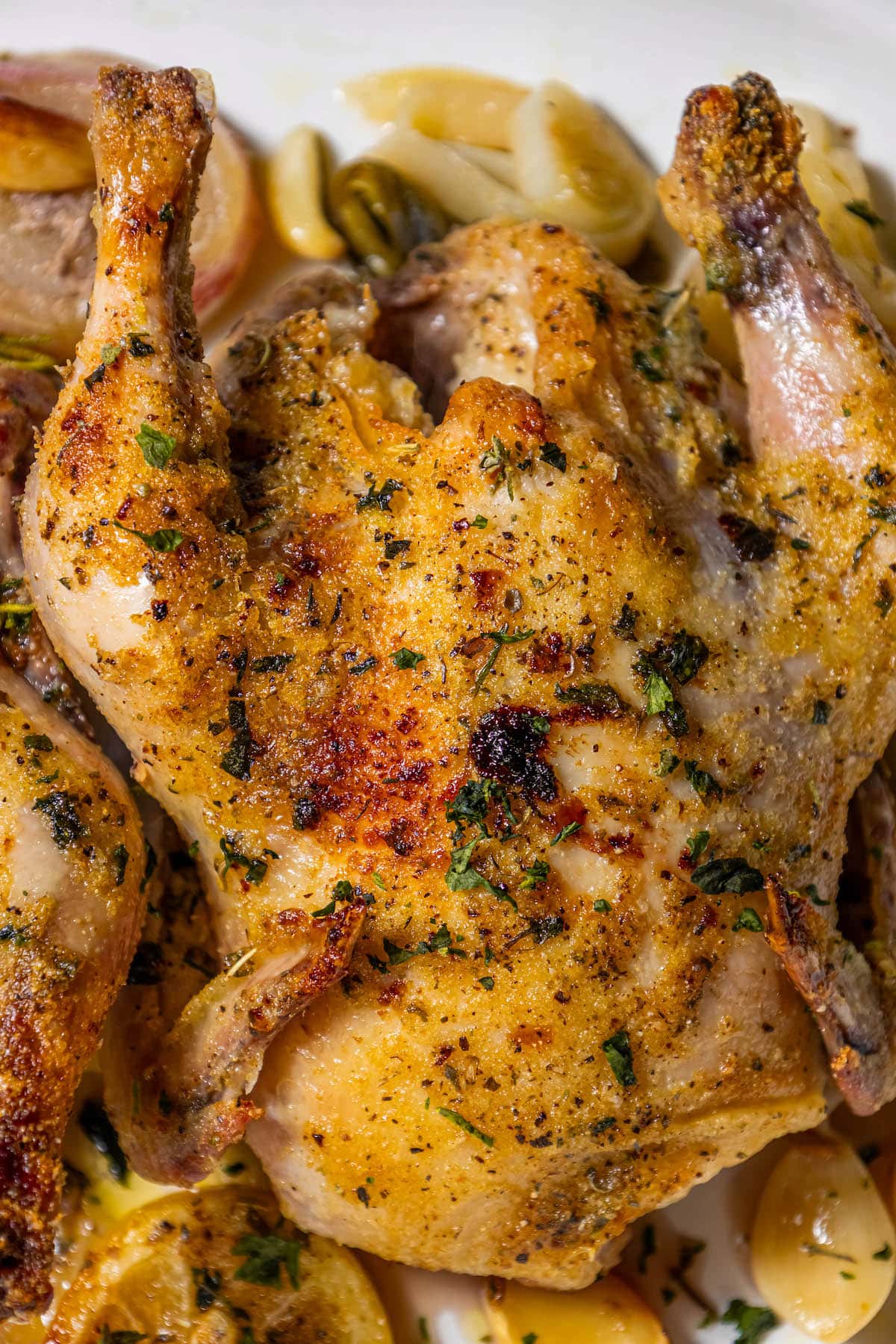 crispy roasted cornish game hen in a square baking dish with lemons, shallots, and garlic