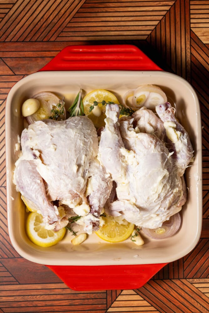 butter slathered cornish game hens on top of lemon, shallot, and herbs in baking dish