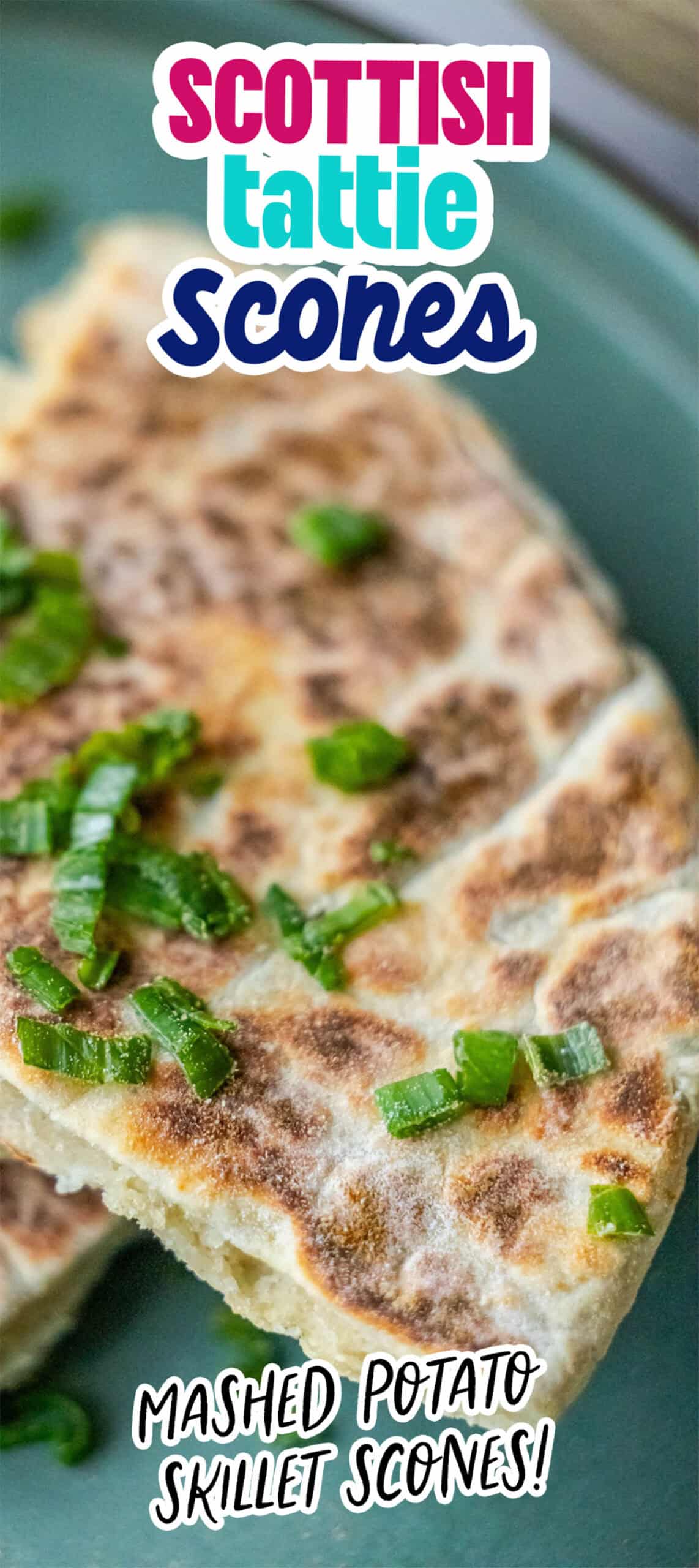 A close-up of authentic Scottish tattie scones adorned with chopped green onions on a plate. Text overlay reads: "Traditional Tattie Scones" and "Mashed Potato Skillet Scones!