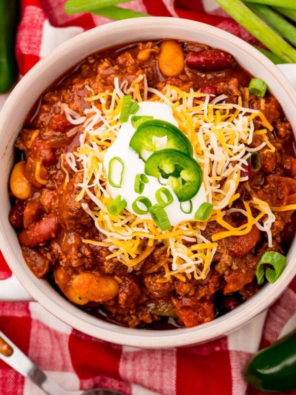 slow cooker chili in a white bowl