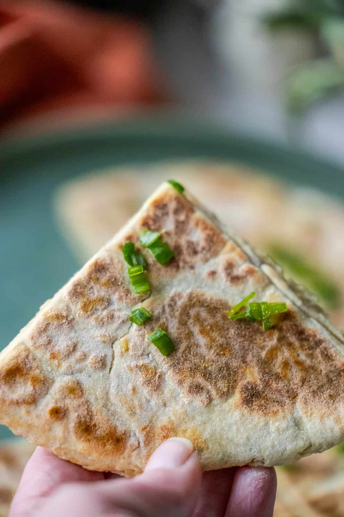 A close-up of a hand holding a triangular piece of quesadilla topped with chopped green onions, reminiscent of how one might savor scones at a Scottish afternoon tea, with more quesadilla pieces blurred in the background.