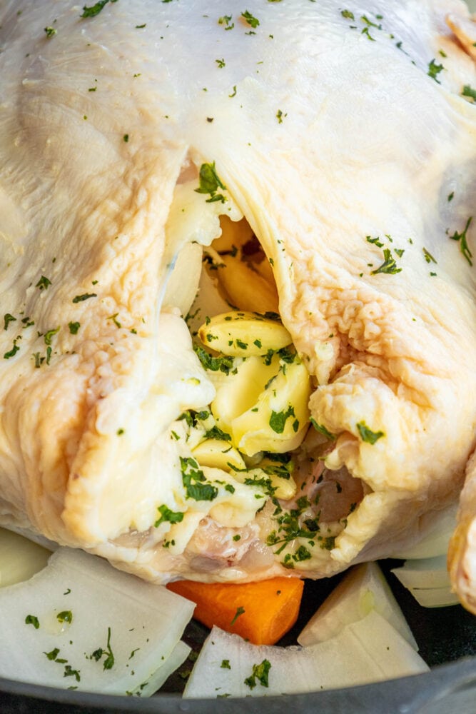 picture of a raw whole chicken with the cavity stuffed with garlic and onions