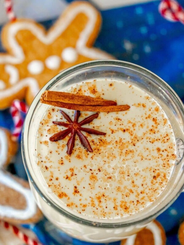 eggnog in a glass mug with nutmeg on top