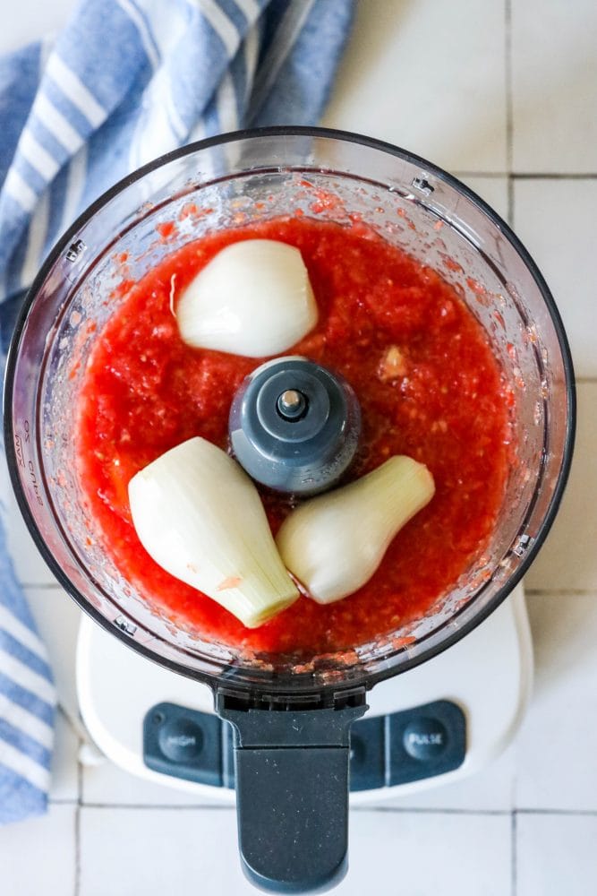 picture of tomatoes and whites of green onions in a food processor