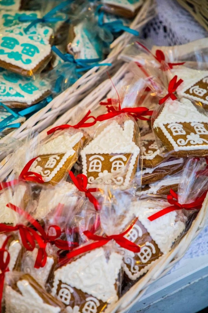 A basket of gingerbread cookies beautifully decorated with red and white ribbons from the Krakow Christmas Market.