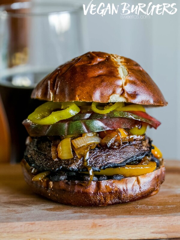 Spicy vegan burgers with portobello mushrooms.