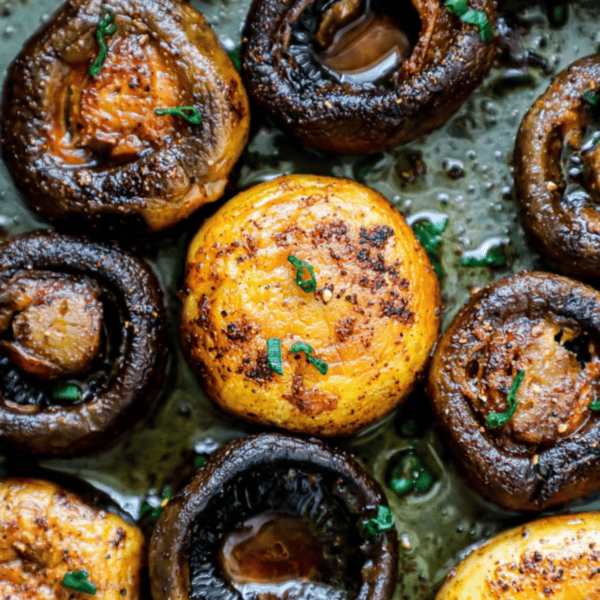 Spicy garlic mushrooms roasted on a baking sheet.