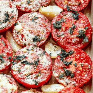 Slices of red tomatoes topped with grated cheese, herbs, and garlic cloves, arranged closely together in a baking dish.